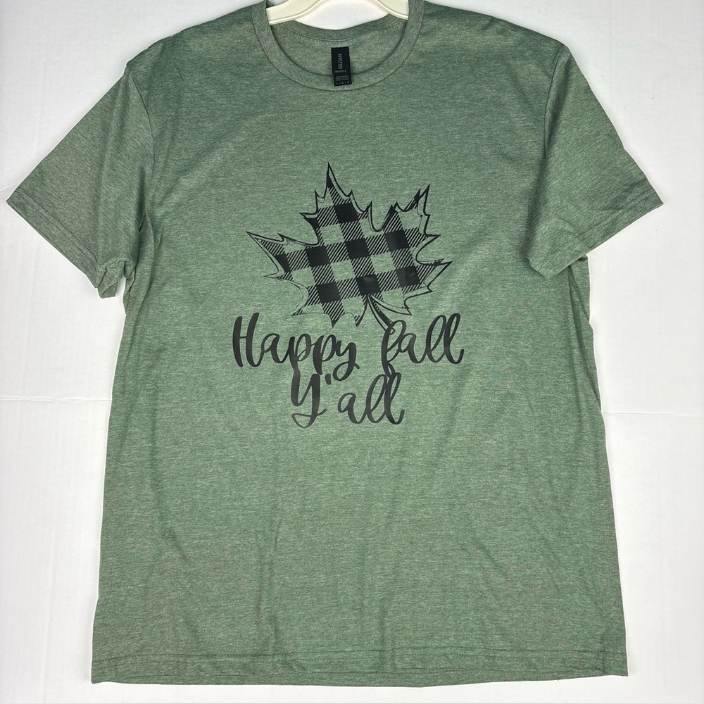 Happy Fall Y'all Adult Large T-Shirt Green Heathered Buffalo Plaid Leaf Graphic